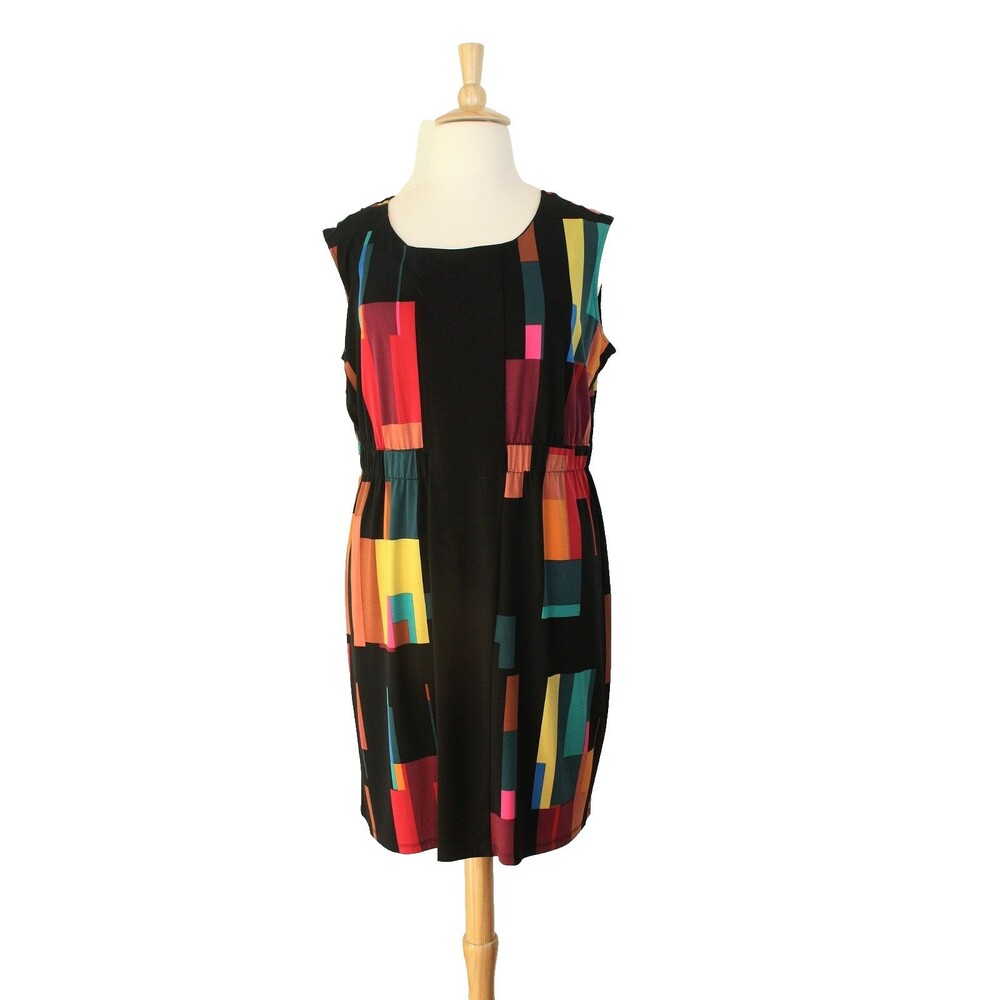 WORTHINGTON Knit Elegant Dress 1X Sleeveless Black Multicolor Op Art  Casual #04